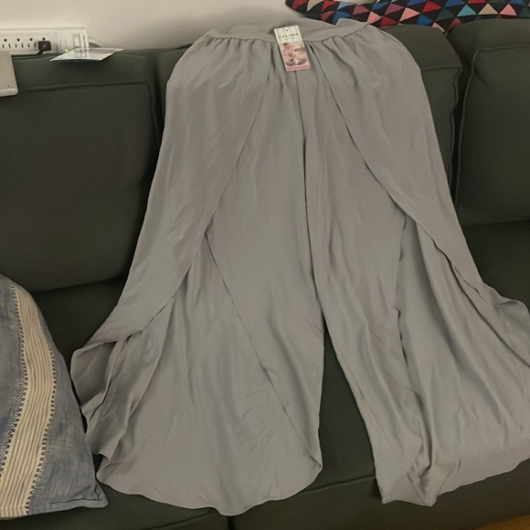 High Waisted Back Waistband Pocket Palazzo Flowy Split Wide Leg Casual Pants - Picture 2 of 4